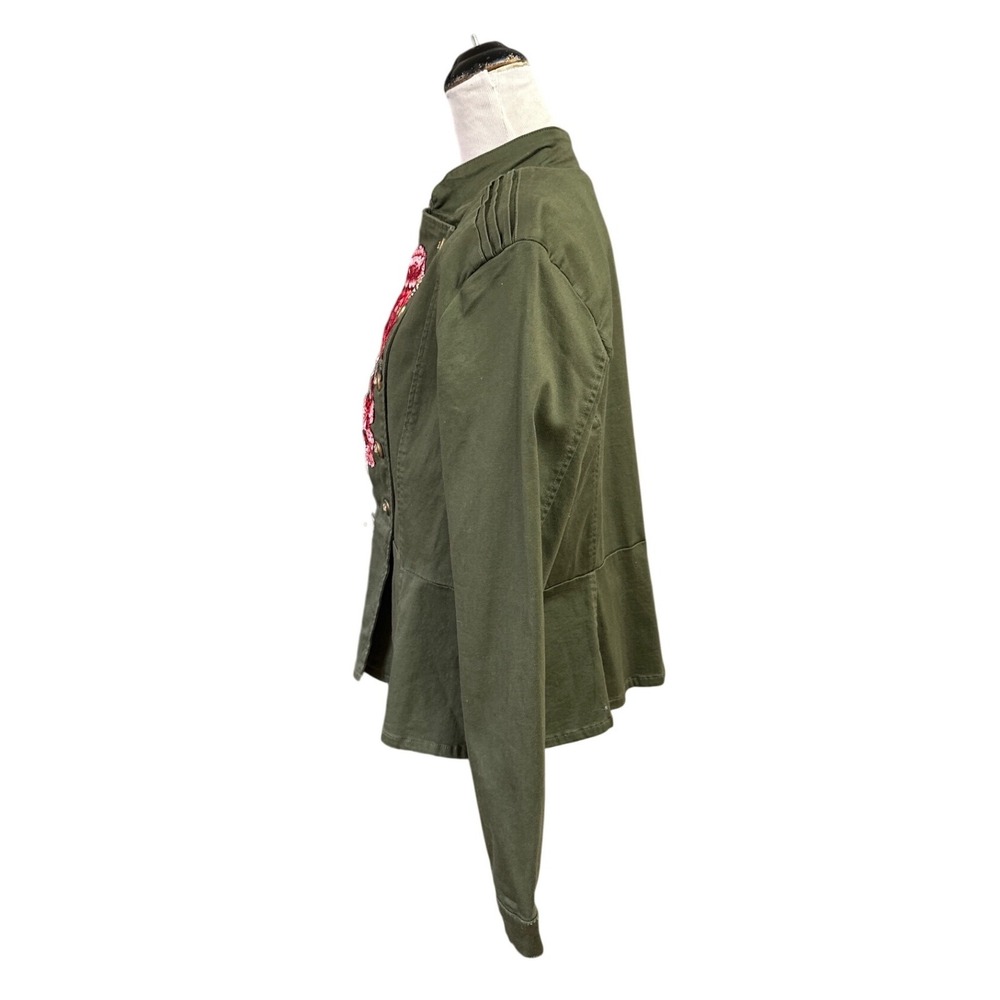 One 5 One Olive Green Military Peplum Jacket Red Floral Embroidery Womens Large - Picture 3 of 10